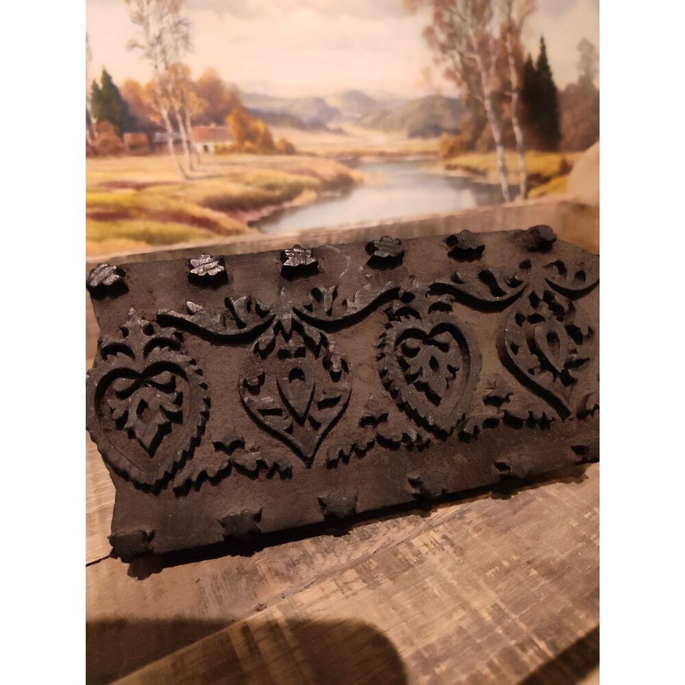 Antique Hand-Carved Sycamore Wood Printing Block Floral Design Folk Art Decor